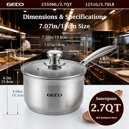 GEDO Food-Grade 316L Stainless Steel Sauce Pan with Glass Lid, 3-Ply Integrated Body Uncoated Cooking Pot, Universal for Induction Gas Ceramic Stovetops, Multi-Purpose Kitchen Cookware (2.7, Quarts) - Image 3