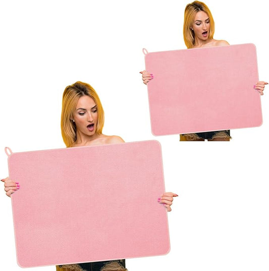 Hushee 2 Pack Extra Large Dish Drying Mat Microfiber Absorbent Dish Drying Pad Large Size Dishes Drainer Mats for Countertop, Sink, Refrigerator or Dryer (30 x 24 Inch,Pink) by Hushee