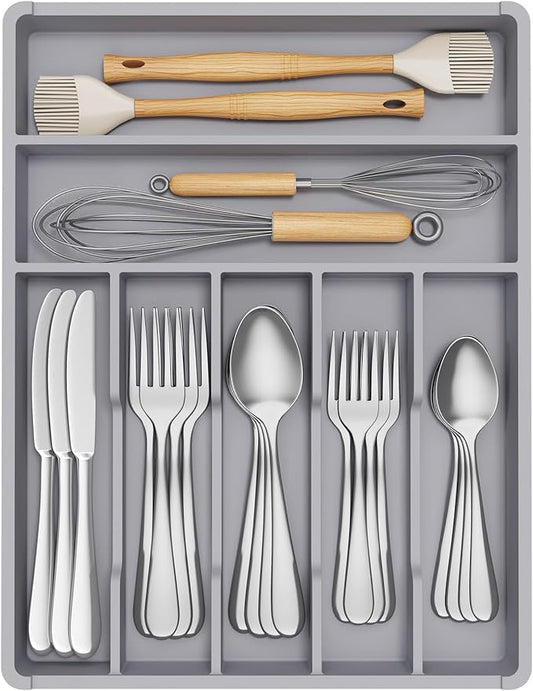 Lifewit Silverware Drawer Organizer Tray, Plastic Cutlery Storage for Kitchen, Flatware and Utensil Holder Divider for Spoons Forks Knives Tableware, 12.3 x 16", 7 Slots, Gray by Lifewit