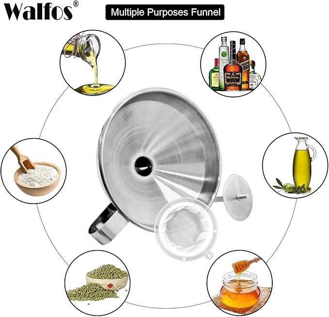 Stainless Steel Funnel, Walfos Kitchen Funnel with 2 Removable Strainer ＆ 1Pc Cleaning Brush, Perfect for Transferring of Liquid, Oils, Jam, Dry Ingredients & Powder (Big, 4.9") - Image 8