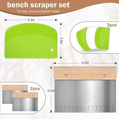 5 Pcs Bench Scraper, Bench Scraper Kitchen 2 Pcs Stainless Steel Dough Scraper with Wood Handle and 3 Pcs PP Food Scraper with Hanging Hole, Multipurpose Bread Dough Cutter for Baking-Green - Image 2