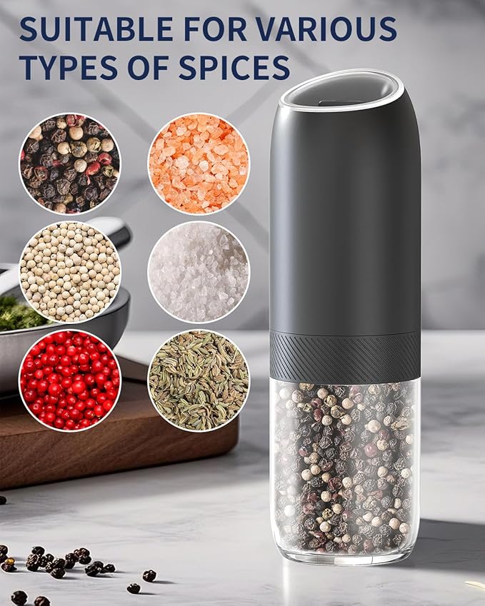 CIRCLE JOY Gravity Electric Salt and Pepper Grinder Set, Battery Powered Automatic Pepper Mills with Adjustable Coarseness, One Hand Operation, 176ml Large Container, Black - Includes 8 Batteries - Image 6