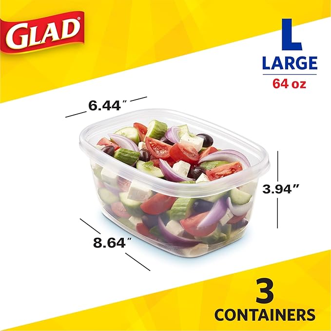 Glad GladWare Deep Dish Food Storage Containers with Lids, Large Rectangle BPA Free Plastic for Soups Salads and Meal Prep, Lock Tight Seal, Microwave Dishwasher Safe, 64 Oz, 3 Count - 6 Pack - Image 6