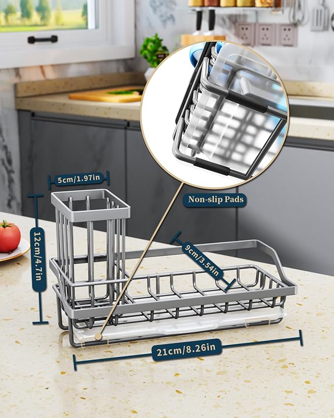 Consumest Sponge Holder for Kitchen Sink - Kitchen Sink Caddy Organizer with Removable Drip Tray for Countertop Dish Soap Dispenser Brush Storage Accessories 304 Stainless Steel, Grey - Image 7