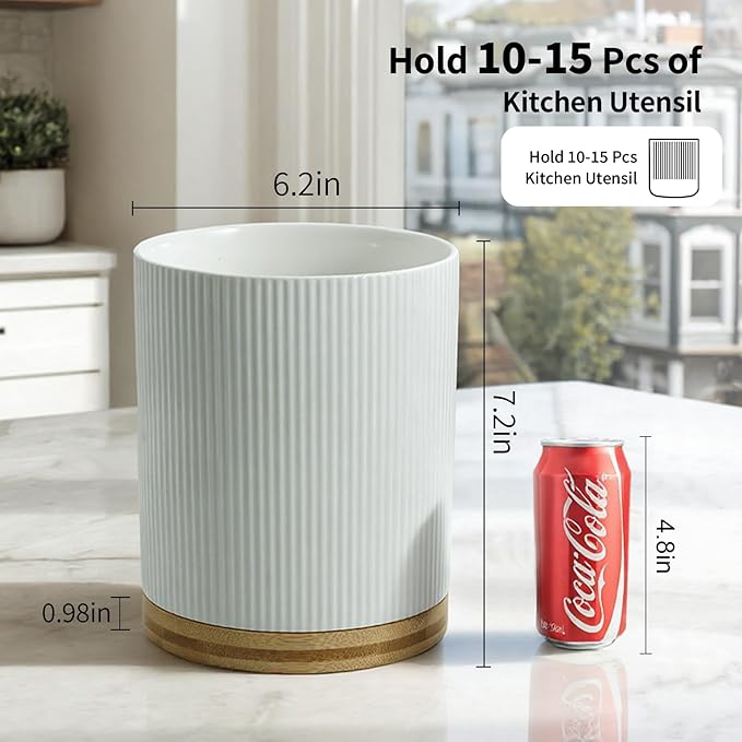 360° Rotating Utensil Holder for Kitchen Counter, 7.6'' Extra Large Utensil Caddy for Countertop, Modern Utensil Organizer for Spatula, with Rotatable Bamboo Base, White - Image 3