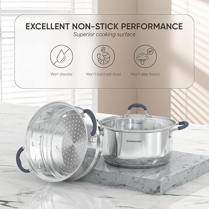 SUNHOUSE - 3.1 Quart Steamer Pots with Lid 2-Tier Multipurpose Stainless Steel Steaming Pot Cookware with Handle for Vegetable, Dumpling, Sauce, Food - Triple Bottom, Measurement Line - Image 4