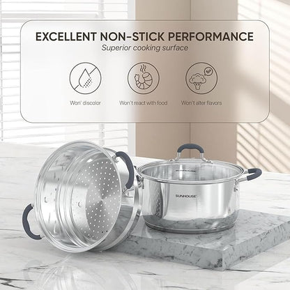 SUNHOUSE - 3.1 Quart Steamer Pots with Lid 2-Tier Multipurpose Stainless Steel Steaming Pot Cookware with Handle for Vegetable, Dumpling, Sauce, Food - Triple Bottom, Measurement Line - Image 4