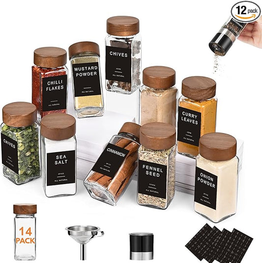 Yangbaga 14Pcs Glass Spice Jars with Labels-4oz Acacia Wood Lid Square Spice Containers with Pepper Grinder Lids &Funnel,Seasoning Jars for Rack Cabinet Drawer by Hanber