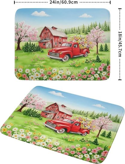 Spring Dish Drying Mat for Kitchen Counter Red Truck Flowers Microfiber Absorbent Dish Draining Reusable Washable Foldable Extra Large 18"x24" - Image 2