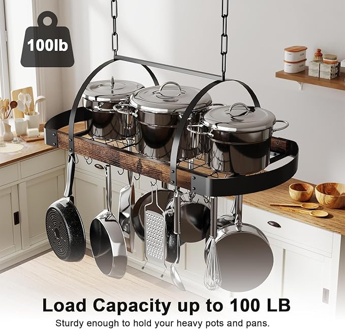 Hanging Pot Rack,32-Inch Ceiling Pot Rack for Kitchen,Space-Saving Pot Hanger with 16 Detachable S Hooks,Sturdy Metal Frame,Industrial Style,for Pot, Pan Storage,Space-Saving - Image 6