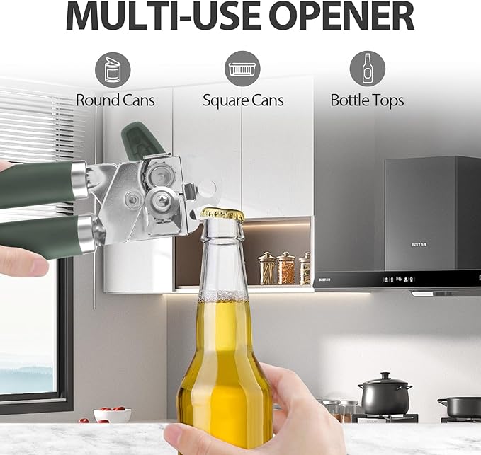Safring Can Opener Manual, Heavy Duty Handheld Strong Can Opener with Soft Touch Handle, Sharp Blade Smooth Edge, Can Openers with Multifunctional Bottle Opener, Hunter Green - Image 5