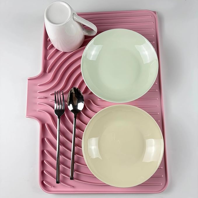 Dish Drying Mat for Kitchen Counter, with Built-in Drain Lip, Food-Grade Silicone, Easy Clean Pad for Countertop Protection, Multi-Functional Use (18x11.8, Pink) - Image 3