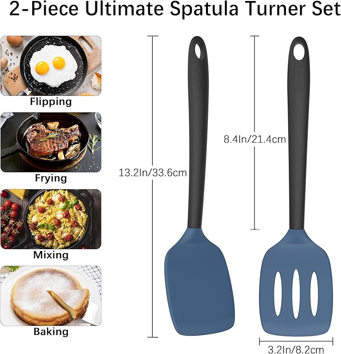 Coukre 2 Pack Silicone Spatula Set, High Heat Resistant, BPA Free Kitchen Spatula, Solid & Slotted Turner for Non-Stick Pans, Sautéing, and Flipping (2, DarkBlueBlack) - Image 2