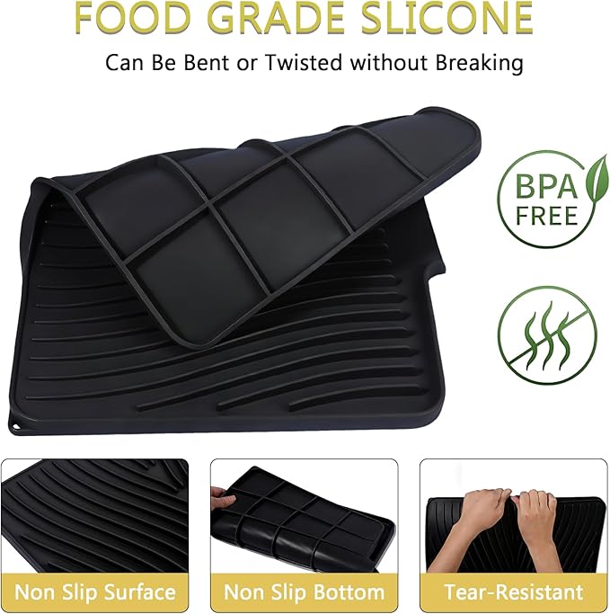 Silicone Drying Mat, 16"X13" With Built-in Drain Lip,Heat-Resistant,Eco-friendly,Hygienic Drying Pad,Leak-Proof and Non-Slip,Silicone Dish Drying Mat for Kitchen Counter or Sink（Black 16X13） - Image 2