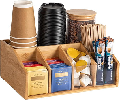 Bamboo Coffee Station Organizer for Countertop, Coffee Bar Accessories Organizer with 6 Compartments for Tea Bags Condiment, Pods, Creamer, Stirrer, Syrup, Cups by Unknown