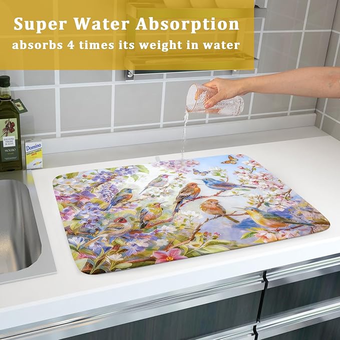 Floral Birds Dish Drying Mat Spring Decoration Absorbent Dish Drain Cloth Mat 18 X 24 for Kitchen Coffee Bar - Image 7