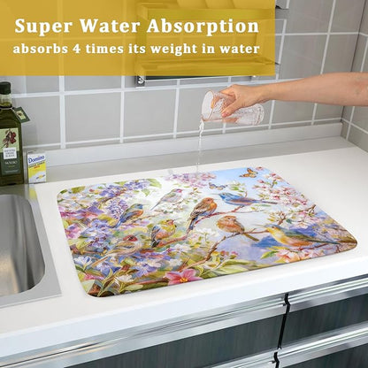 Floral Birds Dish Drying Mat Spring Decoration Absorbent Dish Drain Cloth Mat 18 X 24 for Kitchen Coffee Bar - Image 7
