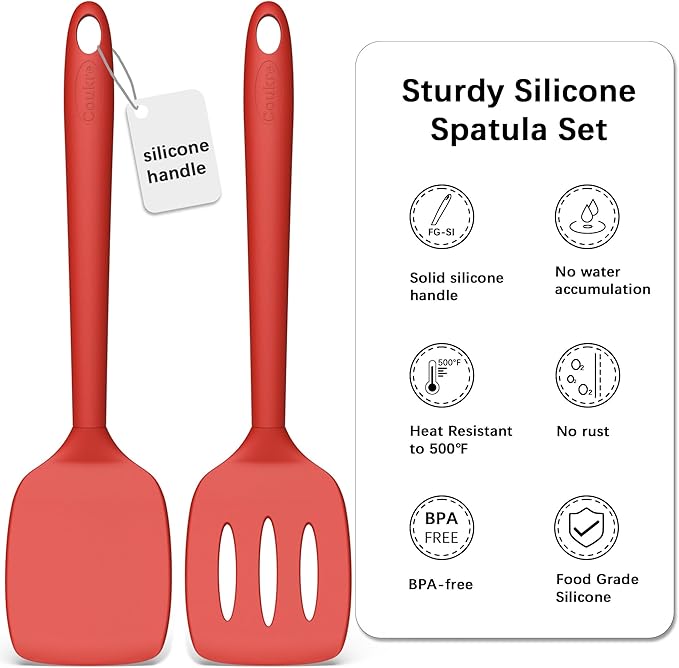 Coukre 2 Pack Silicone Spatula Set, High Heat Resistant, BPA Free Kitchen Spatula, Solid & Slotted Turner for Non-Stick Pans, Sautéing, and Flipping (2, SolidRed) - Image 2