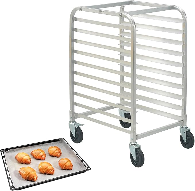 VEVOR 10-Tier Bun Pan Rack, Aluminum Racking Trolley Storage with Brake Wheels, Commercial Bakery Racks for Half & Full Sheet, Speed Rack For Kitchen Home, Bread Baking Equipment, 26"L x 20.3"W x 39"H by VEVOR