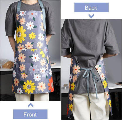 Apron for Women with Pockets, Adjustable Waterproof Floral Chef Aprons for Kitchen, Gardening, Cooking, BBQ or Baking
