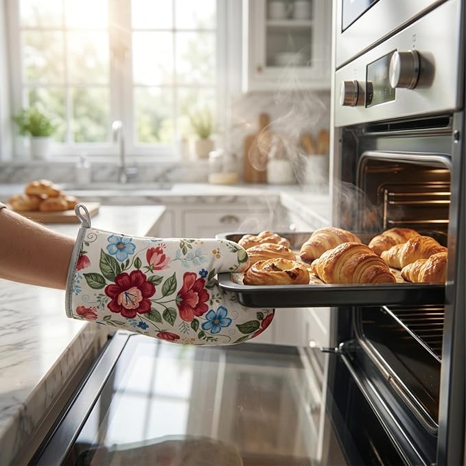 Floral Oven Mitts and Pot Holders Sets 2 Pcs, Canvas Heat Resistant Kitchen Mittens with Hot Pads, Vintage Farmhouse Country Decor, Non-Slip Cooking Baking Grilling Gifts for Women Mom (Flower3)