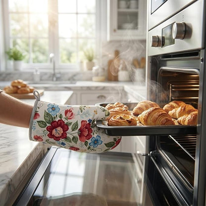 Floral Oven Mitts and Pot Holders Sets 2 Pcs, Canvas Heat Resistant Kitchen Mittens with Hot Pads, Vintage Farmhouse Country Decor, Non-Slip Cooking Baking Grilling Gifts for Women Mom (Flower3)