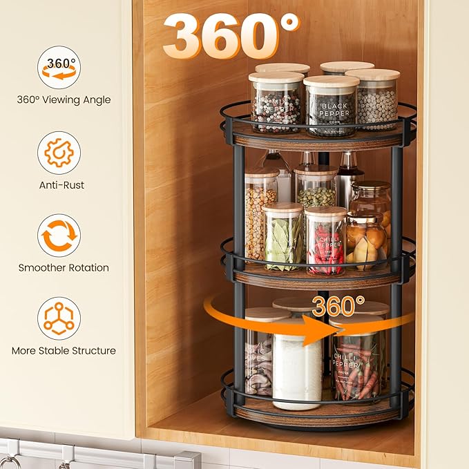 Snughome Lazy Susan Organizer, 3 Tier Rotating Spice Rack, Turntable Lazy Susan Kitchen Countertop Organizer, 10.2" x 10.2" x 18.5", Rustic Brown - Image 5