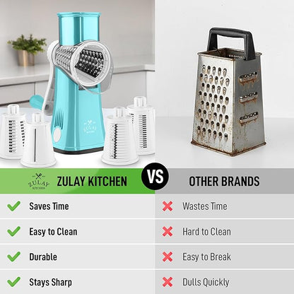 Zulay Kitchen Rotary Cheese Grater 5 Blade Cheese Shredder - Manual Hand Crank Cheese Grater With Reinforced Suction & 5 Interchangeable Drums - Easy to Use, Vegetable Chopper Round Mandoline Slicer - Image 2