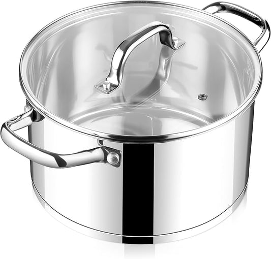 E-far 4 Quart Stock Pot with Lid, Stainless Steel Stockpot for Cooking Simmering Soup Pasta Sauce, with Tri-Ply Bottom & Visible Cover, Induction/Gas/Dishwasher Safe, Heavy Duty & Non Toxic by E-far