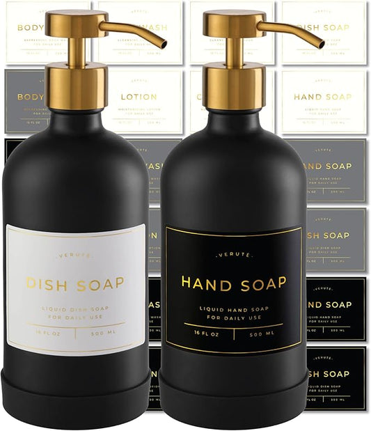 Hand and Dish Soap Dispenser for Kitchen and Bathroom, Set of 2 16 Oz Glass Bottles, Stainless Steel Pumps, Non-Slip Silicone Base, 27 Waterproof Labels (Matte Black Bottle/Brushed Gold Pump) by Verute