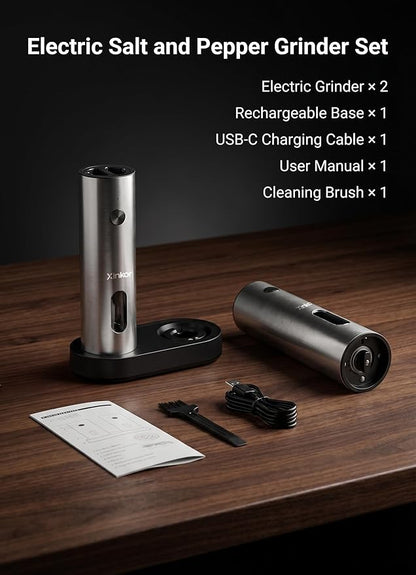 Electric Salt and Pepper Grinder Set with USB-C Charging Base, Stainless Steel Automatic Rechargeable Salt and Pepper Grinder with LED Light & Large Capacity, 6 Adjustable Coarseness Settings