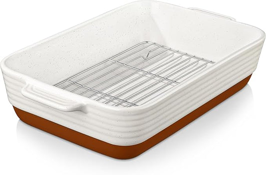 MALACASA Baking Dish with Rack, 4.8 Qt Ceramic Roasting Pan with Stainless Steel Drip Rack, 9x13 Inch Deep Casserole Dish with Handles, Oven Safe Lasagna Pan for Baking & Serving (Khaki & White) - Series Tara by MALACASA