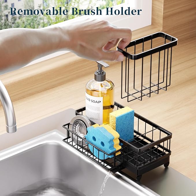 Consumest Sponge Holder for Kitchen Sink - Auto Draining Sink Caddy Organizer with Detachable Rack, High Brush Holder, Kitchen Countertop Storage Accessories, Black - Image 3