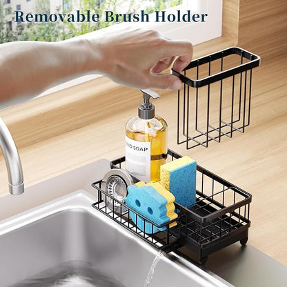 Consumest Sponge Holder for Kitchen Sink - Auto Draining Sink Caddy Organizer with Detachable Rack, High Brush Holder, Kitchen Countertop Storage Accessories, Black - Image 3