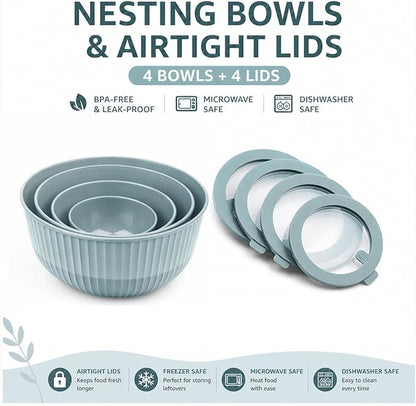Mixing Bowls with Lids, 8-Piece Airtight Leak-Proof Nesting BPA-Free Bowl Set for Kitchen & Food Storage, Large 4200ml Capacity, Microwave & Dishwasher Safe