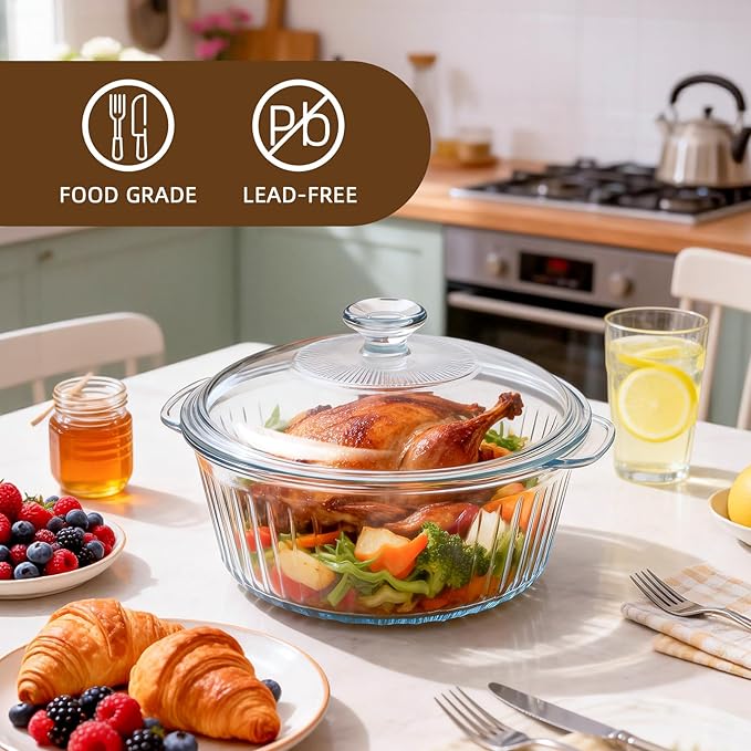 Luvan 2.4L/2.5Qt Round Glass Casserole Dish with Lid, Clear Baking Dish with Handles for Baking, Cooking & Serving, High Borosilicate Lead-Free Glass cookware, Oven, Microwave, Freezer & Dishwasher Safe - Image 4