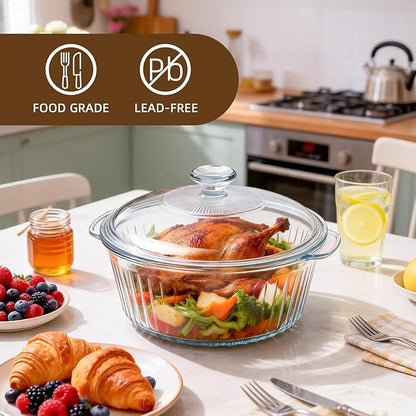 Luvan 2.4L/2.5Qt Round Glass Casserole Dish with Lid, Clear Baking Dish with Handles for Baking, Cooking & Serving, High Borosilicate Lead-Free Glass cookware, Oven, Microwave, Freezer & Dishwasher Safe - Image 4
