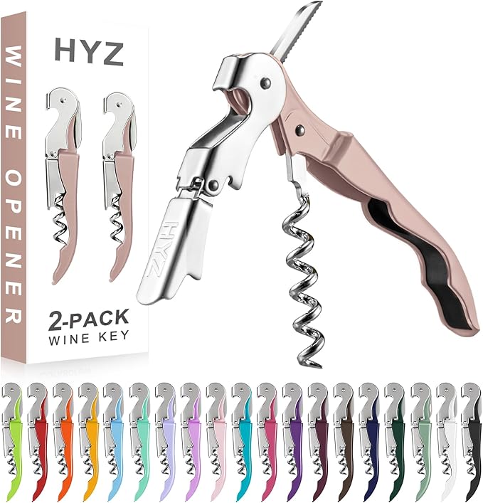 HYZ 2-Pack Wine Opener Waiter Corkscrew, Professional Wine Key for Servers, Bartender with Foil Cutter, Manual Wine Bottle Opener Double Hinged (Dark Pink) by HYZ