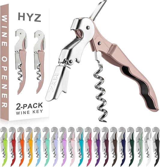 HYZ 2-Pack Wine Opener Waiter Corkscrew, Professional Wine Key for Servers, Bartender with Foil Cutter, Manual Wine Bottle Opener Double Hinged (Dark Pink) by HYZ