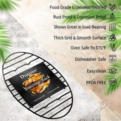 DIMESHY Roasting Rack, Black with Integrated Feet, Enamel Finished, Nonstick, fit for 15 inches oval roasting pan, safety, dishwasher, Great for Basting, Cooking, Drying, Cooling rack. (12.5”x 8.5”)