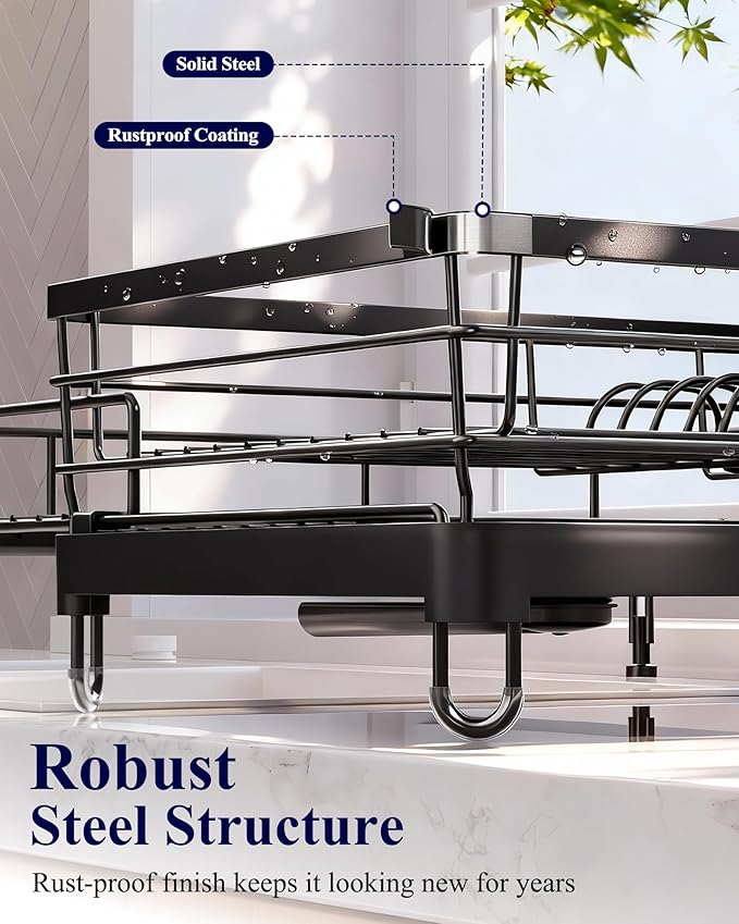 Kitsure Extendable Dish Drying Rack - Rust-Resistant Dish Racks for Kitchen Counter with Adjustable Support Legs, Cutlery Holder & Removable Draining Tray (Black, 15.6''-25.2''L × 16.9''W × 8.1''H) - Image 5