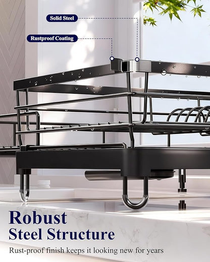 Kitsure Extendable Dish Drying Rack - Rust-Resistant Dish Racks for Kitchen Counter with Adjustable Support Legs, Cutlery Holder & Removable Draining Tray (Black, 15.6''-25.2''L × 16.9''W × 8.1''H) - Image 5
