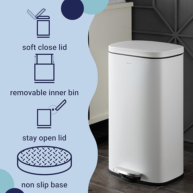 happimess HPM1011C Curtis 8-Gallon Step-Open Trash Can with Soft-Close Lid, Modern, Minimalistic, Fingerprint Proof for Home, Kitchen, Laundry Room, Office, Bedroom, Bathroom, White - Image 3