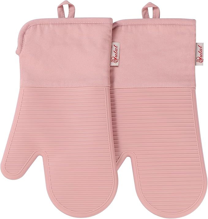 YUTAT Silicone Oven Mitts,High Heat Resistant Up to 500 Degrees,Waterproof Cooking Gloves with Soft Polyester Filling,Kitchen Potholder Set - Perfect for BBQ,Baking and Cooking,Pink,2 Pcs Set by YUTAT
