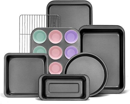 KITESSENSU Compact Baking Pans Sets, Nonstick Bakeware Sets 19-Piece with Round/Square Cake Pan, Loaf Pan, Muffin Pan, Cookie Sheet, Roast Pan, Cooling Rack, Carbon Steel Bake Set