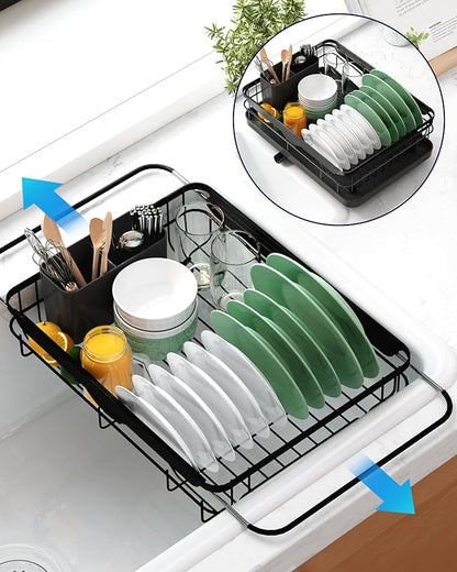 Kitsure Dish Drying Rack for Kitchen Counter, Stainless Steel Sink Organization and Storage Essentials with Cutlery Holder, Home and Appartment Decor, 12.2''W x 15.7''~23''L, Black by Kitsure