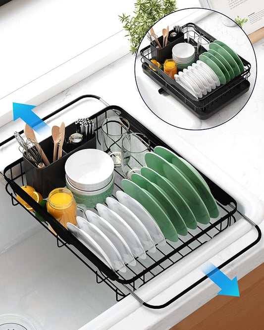 Kitsure Dish Drying Rack for Kitchen Counter, Stainless Steel Sink Organization and Storage Essentials with Cutlery Holder, Home and Appartment Decor, 12.2''W x 15.7''~23''L, Black by Kitsure