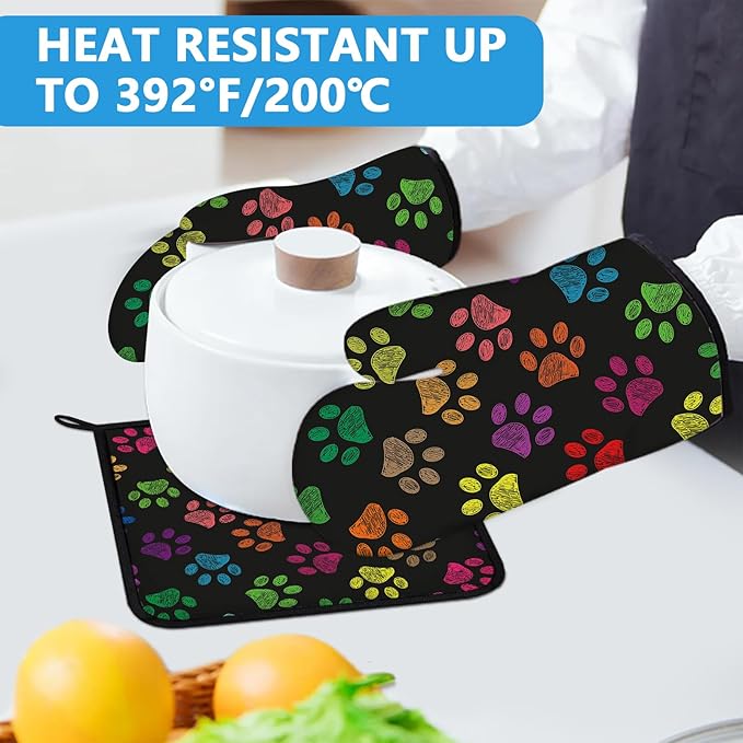 Colorful Paw Print Oven Mitts and Pot Holders Sets Heat Resistant 4Pcs Potholders Oven Gloves Hot Pads for Kitchen Baking Cooking Grilling BBQ