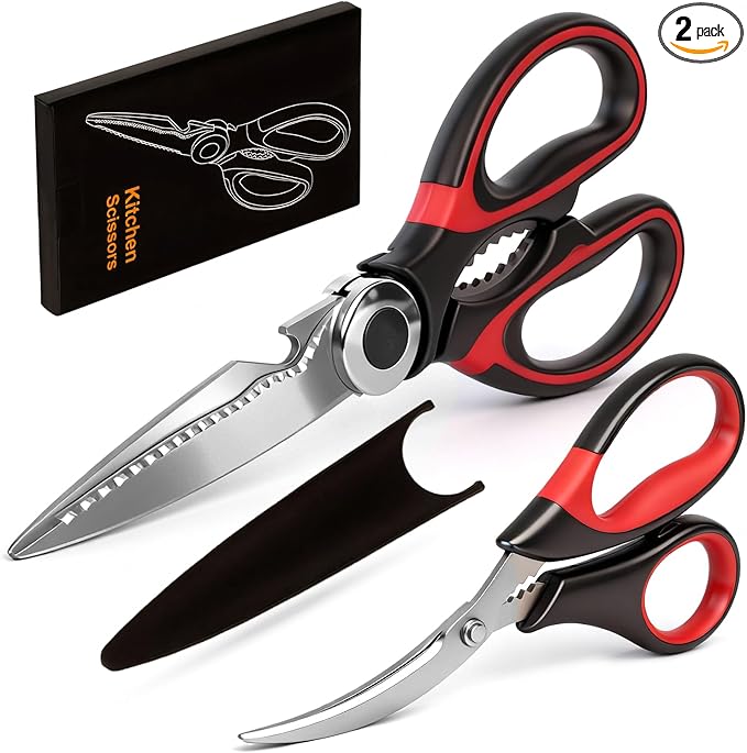 Kitchen Shears Set of 2, Heavy Duty Kitchen Scissors Seafood Scissors, Stainless Steel Sharp Food Cooking Scissors for Meat, Bones, Fish, Poultry, Vegetables, Chicken, Dishwasher Safe by YEVEETTE