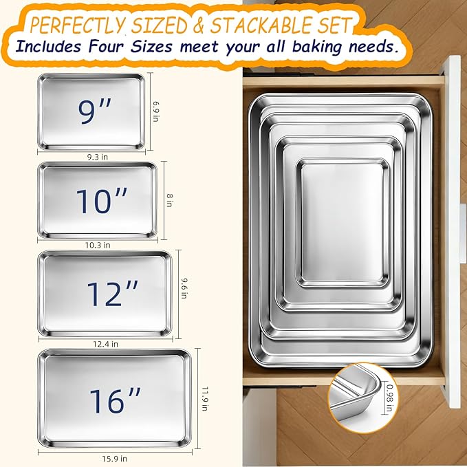 CEKEE Baking Sheet Set of 4, Stainless Steel Cookie Sheets for Baking, 0.8mm Heavy Duty Nonstick Baking Pans, 9/10/12/16 Inch Baking Trays for Oven, Non Toxic & Mirror Finish & Easy Clean - Image 3